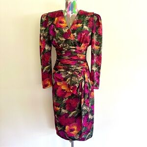 🌹VINTAGE Fall Floral Puff Sleeve Ruched Bow Midi Sheath Dress